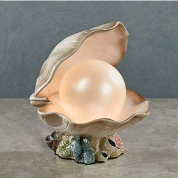Clamshell Pearl Accent Lamp Night Light Ivory - Handcrafted Resin Clam - Coastal Style Lighting - Nautical Theme - Ocean Nightlight Bulb Included with Beach Shell Decoration - 7 Inches High