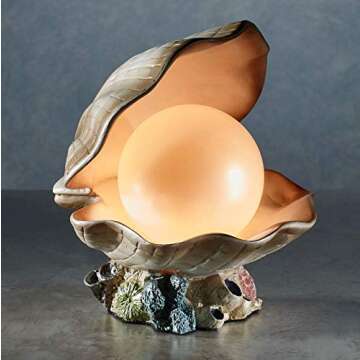 Clamshell Pearl Accent Lamp Night Light Ivory - Handcrafted Resin Clam - Coastal Style Lighting - Nautical Theme - Ocean Nightlight Bulb Included with Beach Shell Decoration - 7 Inches High