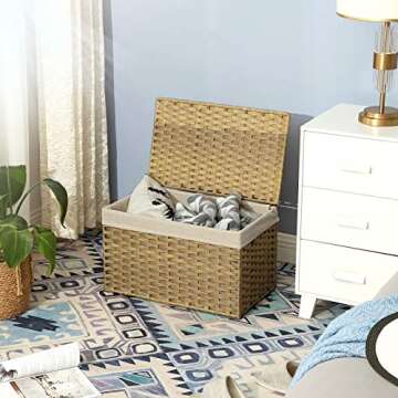 SONGMICS Storage Basket with Lid, 17.2 Gallon (65L) Storage Bin, Woven Blanket Storage Basket with Handles, Foldable, Removable Liner, Metal Frame, for Bedroom, Laundry Room, Natural URST56NL