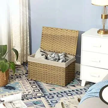 SONGMICS Storage Basket with Lid, 17.2 Gallon (65L) Storage Bin, Woven Blanket Storage Basket with Handles, Foldable, Removable Liner, Metal Frame, for Bedroom, Laundry Room, Natural URST56NL