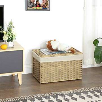 SONGMICS Storage Basket with Lid, 17.2 Gallon (65L) Storage Bin, Woven Blanket Storage Basket with Handles, Foldable, Removable Liner, Metal Frame, for Bedroom, Laundry Room, Natural URST56NL