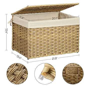 SONGMICS Storage Basket with Lid, 17.2 Gallon (65L) Storage Bin, Woven Blanket Storage Basket with Handles, Foldable, Removable Liner, Metal Frame, for Bedroom, Laundry Room, Natural URST56NL