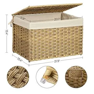 SONGMICS Storage Basket with Lid, 17.2 Gallon (65L) Storage Bin, Woven Blanket Storage Basket with Handles, Foldable, Removable Liner, Metal Frame, for Bedroom, Laundry Room, Natural URST56NL