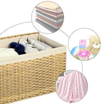 SONGMICS Storage Basket with Lid, 17.2 Gallon (65L) Storage Bin, Woven Blanket Storage Basket with Handles, Foldable, Removable Liner, Metal Frame, for Bedroom, Laundry Room, Natural URST56NL