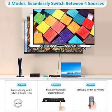 iArkPower HDMI 2.1 Switch 4K@120Hz 8K@60Hz HDMI Switcher 4 in 1 Out Support PS5, Xbox Series X, HDR10+, Dolby Vision Dolby Atmos