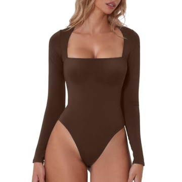 QINSEN Sexy Bodysuit for Women - Square Neck Thong Tops
