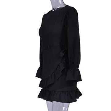 WEEPINLEE Womens Long Sleeve Round Neck Ruffles Wrap Dresses Party Dress