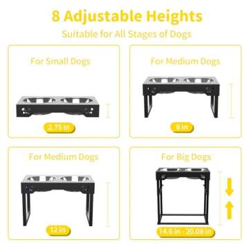 Elevated Dog Bowls, Stainless Steel Raised Dog Bowls Adjustable to 8 Heights, 2.75", 7.5", 10.5'', 14''-20'', for Medium & Large Sized Dogs, with 2 Stainless Steel Dog Bowls for Food & Water
