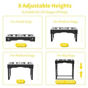 Elevated Dog Bowls, Stainless Steel Raised Dog Bowls Adjustable to 8 Heights, 2.75", 7.5", 10.5'', 14''-20'', for Medium & Large Sized Dogs, with 2 Stainless Steel Dog Bowls for Food & Water