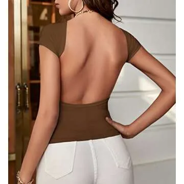 ForeFair Women Sexy Backless Top Open Back Short Sleeve Shirts Cute Slim Fit Crewneck Summer Casual Y2K Tops（Brown,XS）