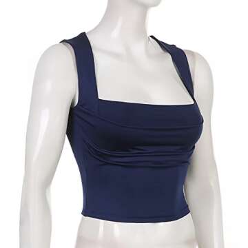Meladyan Women Sexy Pleated Ruched Crop Tank Top Blue Square Neck Strappy Sleeve Cropped Vest Cami Shirt Clubwear