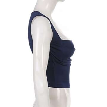 Meladyan Women Sexy Pleated Ruched Crop Tank Top Blue Square Neck Strappy Sleeve Cropped Vest Cami Shirt Clubwear