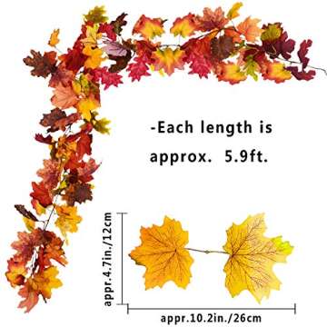 Sunm boutique 2 Pcs 5.9 ft/Piece Artificial Maple Leaf Garland, Fall Maple Garland, Hanging Fall Leave Vines Hanging Plants for Indoor Outdoor Autumn Door Fireplace Thanksgiving Festival Dinner Party