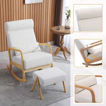 SDYEI Fabric Upholstered Rocking Chair with Ottoman, Midcentury Modern Accent Glider Rocker Chair with Thick Padded Cushion & Pillow for Living Room