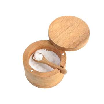 DGYLL Salt bowl, Acacia wood salt cellar with lid and spoon, salt box with swiveling lid, salt container with lid,6oz