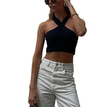 Women Rib Knitted Halter Neck Crop Top in Black