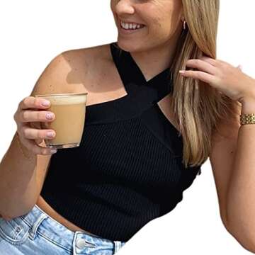 Women Rib Knitted Halter Neck Crop Top in Black