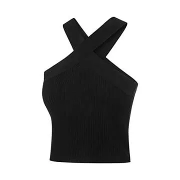 Women Rib Knitted Halter Neck Crop Top in Black