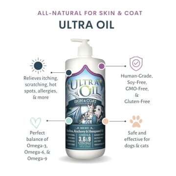 Ultra Oil Skin and Coat Supplement for Dogs and Cats with Hemp Seed Oil, Flaxseed Oil, Grape Seed Oi...