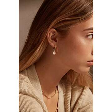 SOFYBJA Small Gold Huggie Hoop Earrings Shell Pearl Drop Dangle Post Earrings Hanging Lightweight Ha...