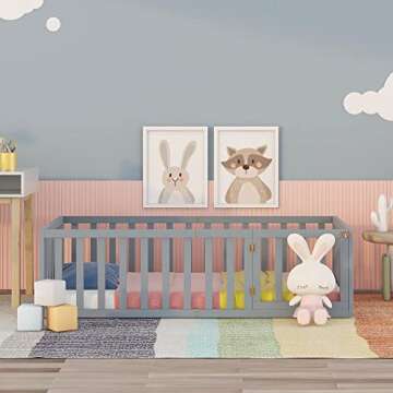 Merax Twin Wood Floor Bed Frame with Fence and Door