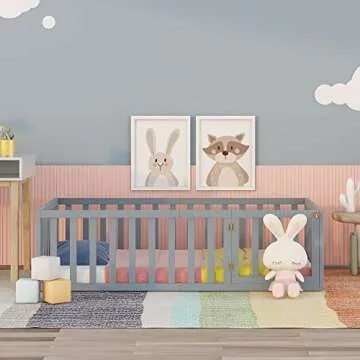 Merax Twin Wood Floor Bed Frame with Fence and Door