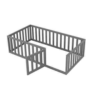Merax Twin Wood Floor Bed Frame with Fence and Door