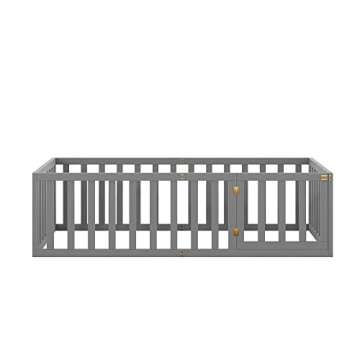 Merax Twin Wood Floor Bed Frame with Fence and Door