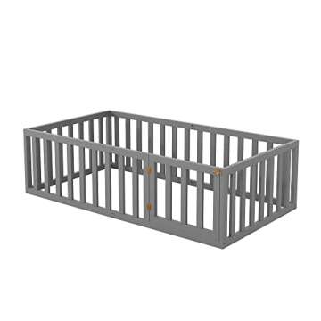 Merax Twin Wood Floor Bed Frame with Fence and Door