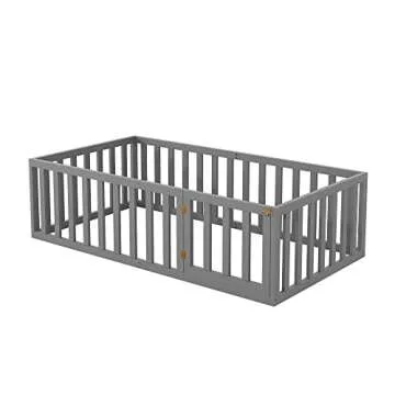 Merax Twin Wood Floor Bed Frame with Fence and Door
