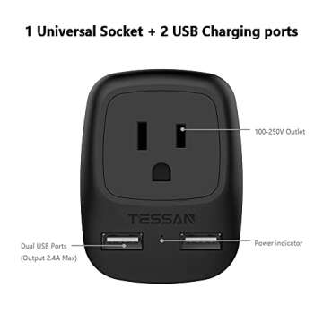 European Travel Plug Adapter, TESSAN Europe Power Plug with 2 USB Ports 1 American Outlet, US to Eur...