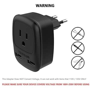 European Travel Plug Adapter, TESSAN Europe Power Plug with 2 USB Ports 1 American Outlet, US to Europe Charger Adaptor for Most of EU Italy Spain France Germany Iceland Greece, Type C, Black