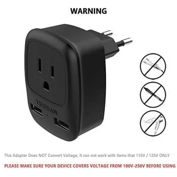 European Travel Plug Adapter, TESSAN Europe Power Plug with 2 USB Ports 1 American Outlet, US to Europe Charger Adaptor for Most of EU Italy Spain France Germany Iceland Greece, Type C, Black