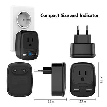 European Travel Plug Adapter, TESSAN Europe Power Plug with 2 USB Ports 1 American Outlet, US to Europe Charger Adaptor for Most of EU Italy Spain France Germany Iceland Greece, Type C, Black