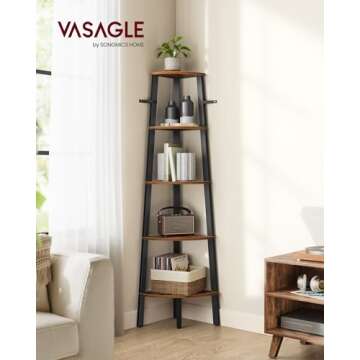 VASAGLE Corner Shelf, 5-Tier Corner Bookshelf, Storage Shelving Unit, Plant Stand for Living Room, I...