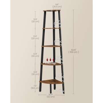 VASAGLE Corner Shelf, 5-Tier Corner Bookshelf, Storage Shelving Unit, Plant Stand for Living Room, Industrial Accent Furniture with Steel Frame, Rustic Brown and Black ULLS35X
