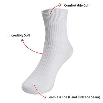 COTTON DAY Unisex Little Kids Youth Boys Girls Soft Cotton Crew School Dress Socks 6 Pack 4-6 Years Ribbed White S (6)