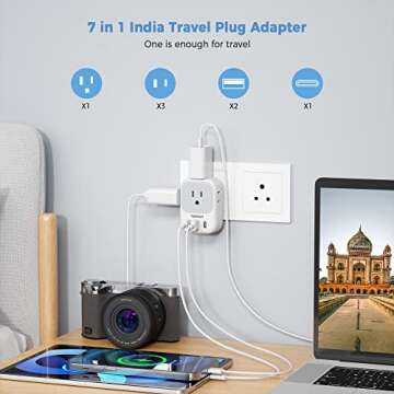 TESSAN US to India Plug Adapter, India Power Adapter with 4 American Outlets 3 USB Charger (1 USB C ...