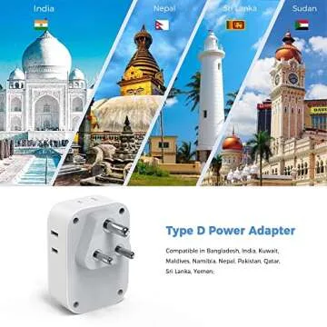 TESSAN US to India Plug Adapter, India Power Adapter with 4 American Outlets 3 USB Charger (1 USB C Port), Type D Travel Adaptor for USA to Bangladesh Maldives Nepal Pakistan