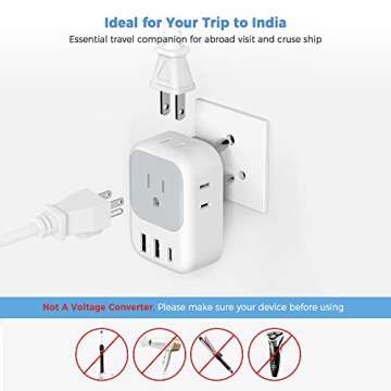 TESSAN US to India Plug Adapter, India Power Adapter with 4 American Outlets 3 USB Charger (1 USB C Port), Type D Travel Adaptor for USA to Bangladesh Maldives Nepal Pakistan