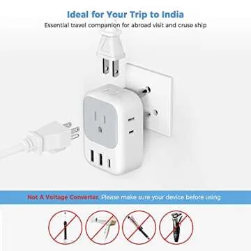 TESSAN US to India Plug Adapter, India Power Adapter with 4 American Outlets 3 USB Charger (1 USB C Port), Type D Travel Adaptor for USA to Bangladesh Maldives Nepal Pakistan