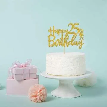 Gold Happy 25th Birthday Cake Topper,Hello 25,Cheer to 25 Years, 25 & Fabulous Party Decoration