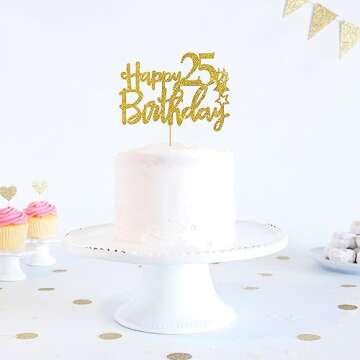 Gold Happy 25th Birthday Cake Topper,Hello 25,Cheer to 25 Years, 25 & Fabulous Party Decoration