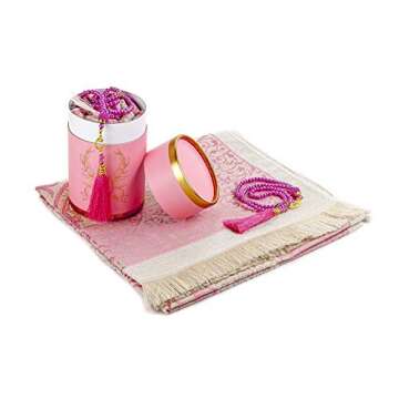 Muslim Prayer Rug and Prayer Beads with Elegant Cylinder Gift Box | Janamaz | Sajadah | Soft Islamic...