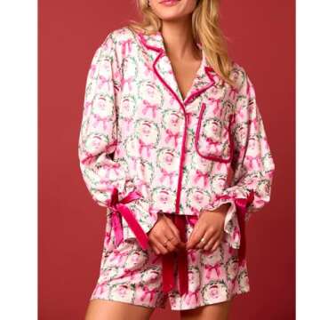 KOSUSANILL Christmas Pajamas for Women 2 Piece Cute Bow Pajama Set Tie Cuff Long Sleeve Santa Print Button Shirt Ruffle Shorts Silk Satin Christmas Pjs Set Sleep Loungewear Xmas Outfits