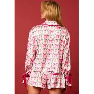 KOSUSANILL Christmas Pajamas for Women 2 Piece Cute Bow Pajama Set Tie Cuff Long Sleeve Santa Print Button Shirt Ruffle Shorts Silk Satin Christmas Pjs Set Sleep Loungewear Xmas Outfits