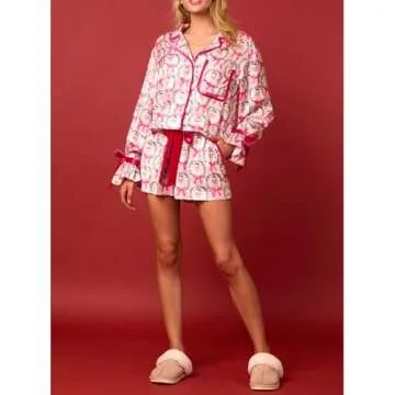 KOSUSANILL Christmas Pajamas for Women 2 Piece Cute Bow Pajama Set Tie Cuff Long Sleeve Santa Print Button Shirt Ruffle Shorts Silk Satin Christmas Pjs Set Sleep Loungewear Xmas Outfits