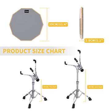 Donner Snare Drum Stand Set with Drum Practice Pad, 12'' Double-sided Silent Drum Pad set, Drumsticks, Backpack Adjustable Stand Fits 10''-14'' Dia Drums