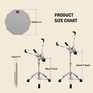 Donner Snare Drum Stand Set with Drum Practice Pad, 12'' Double-sided Silent Drum Pad set, Drumsticks, Backpack Adjustable Stand Fits 10''-14'' Dia Drums