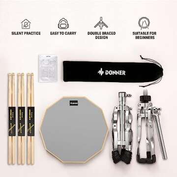 Donner Snare Drum Stand Set with Drum Practice Pad, 12'' Double-sided Silent Drum Pad set, Drumsticks, Backpack Adjustable Stand Fits 10''-14'' Dia Drums